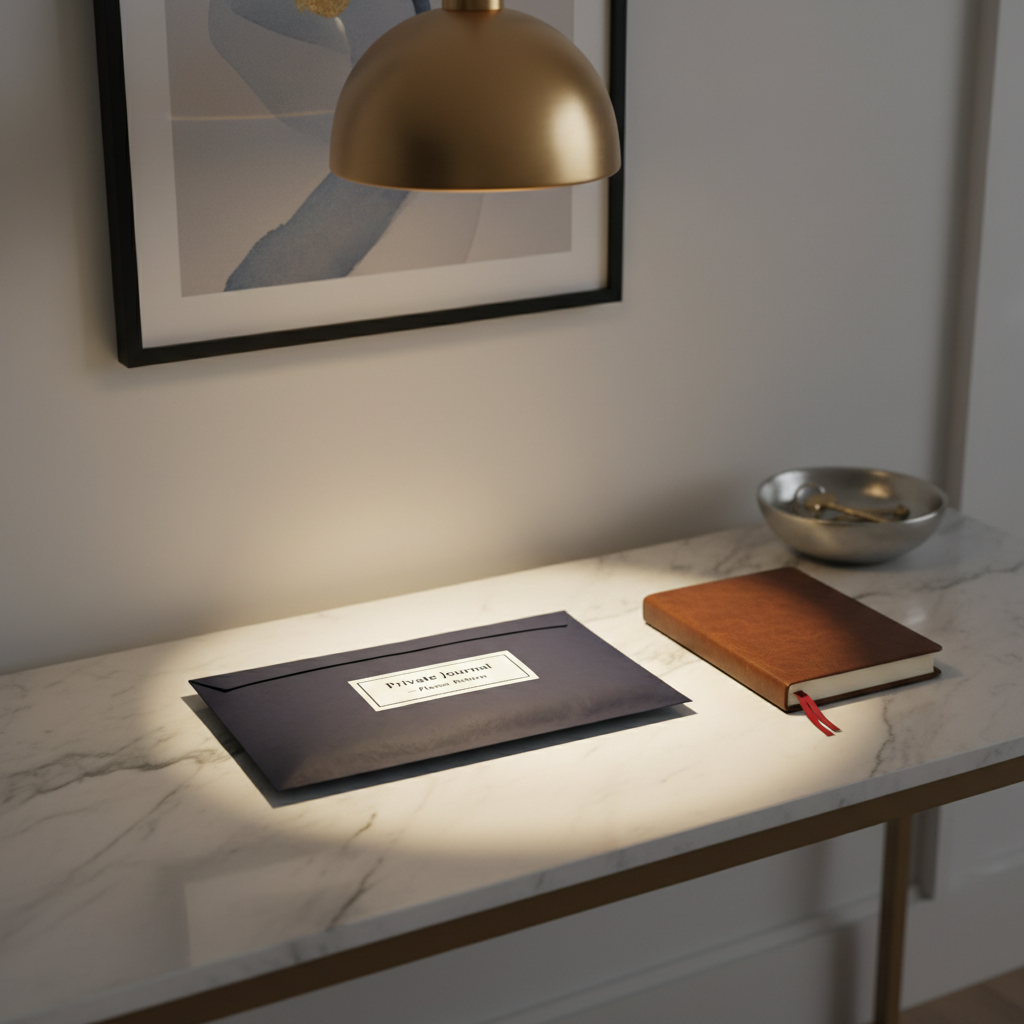 A neatly sealed, dark navy bubble mailer labeled with a simple, elegant white sticker reading “Private Journal – Please Return” rests atop a marble entryway console. Next to it, a closed leather-bound notebook with a fine satin ribbon marker suggests the valuable contents inside. Warm pendant lighting from above casts a focused pool of light, with soft, feathered shadows reaching toward the edges of the frame. In the background, slightly blurred, a sleek metal key bowl and a framed abstract print hint at a refined home environment. Photographic realism, shot from a slightly elevated angle, creating a sophisticated yet approachable mood that implies secure, considerate handling of someone’s lost journal.